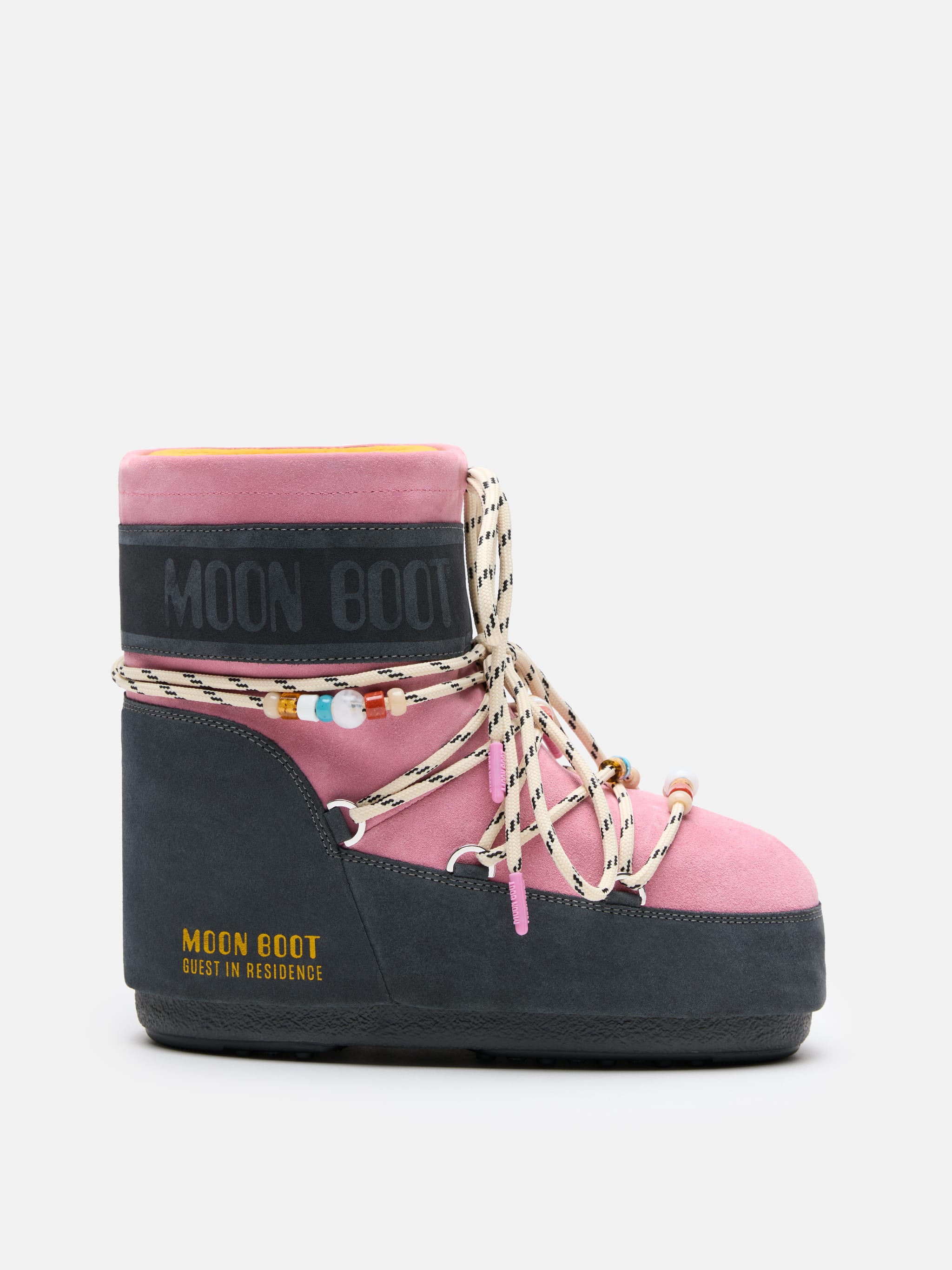 MOON BOOT X GUEST IN RESIDENCE ICON LOW GREY & ROSE BEADED SUEDE BOOTS