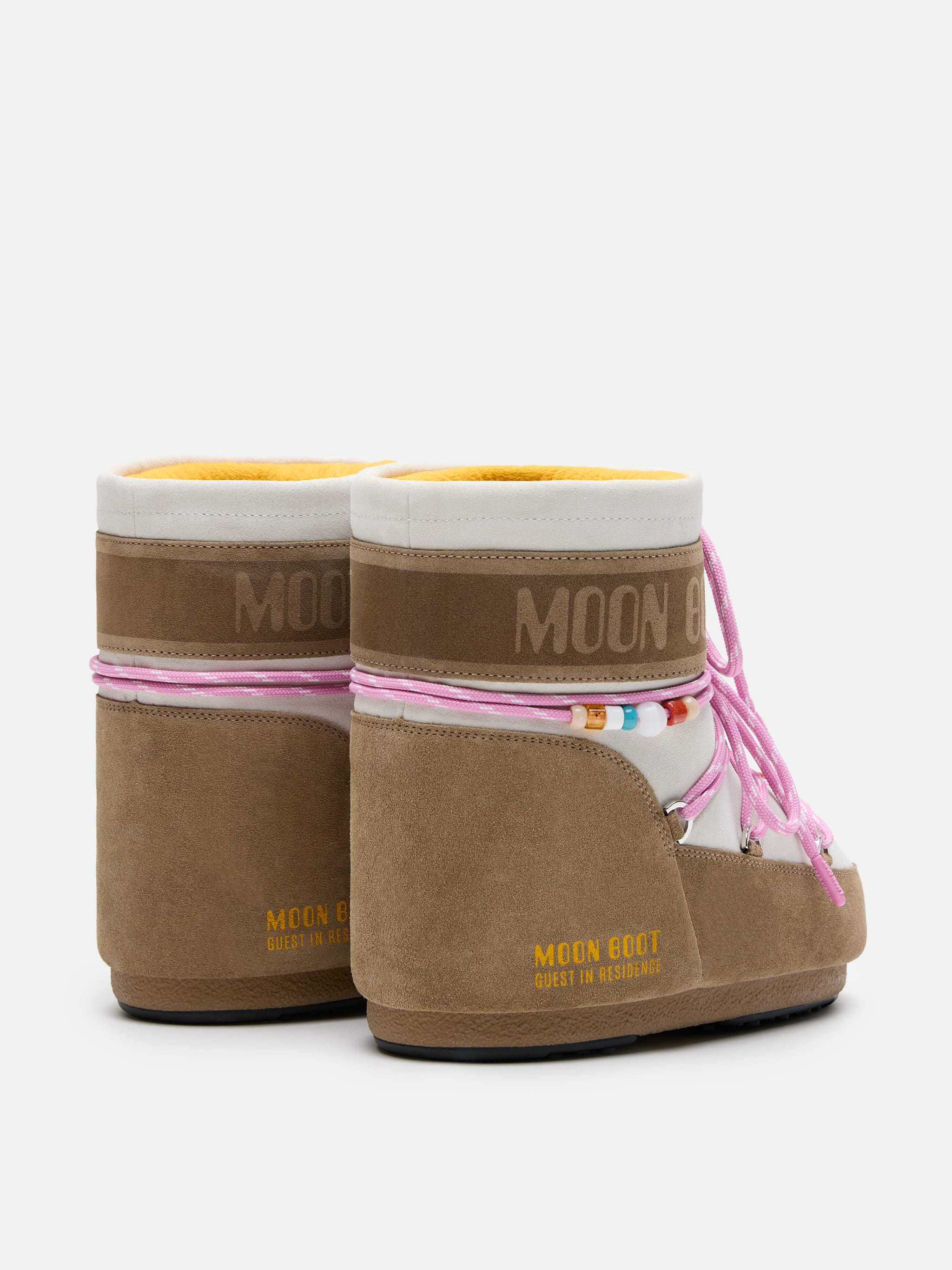 MOON BOOT X GUEST IN RESIDENCE ICON LOW HONEY & WHITE SAND BEADED SUEDE BOOTS image number 1