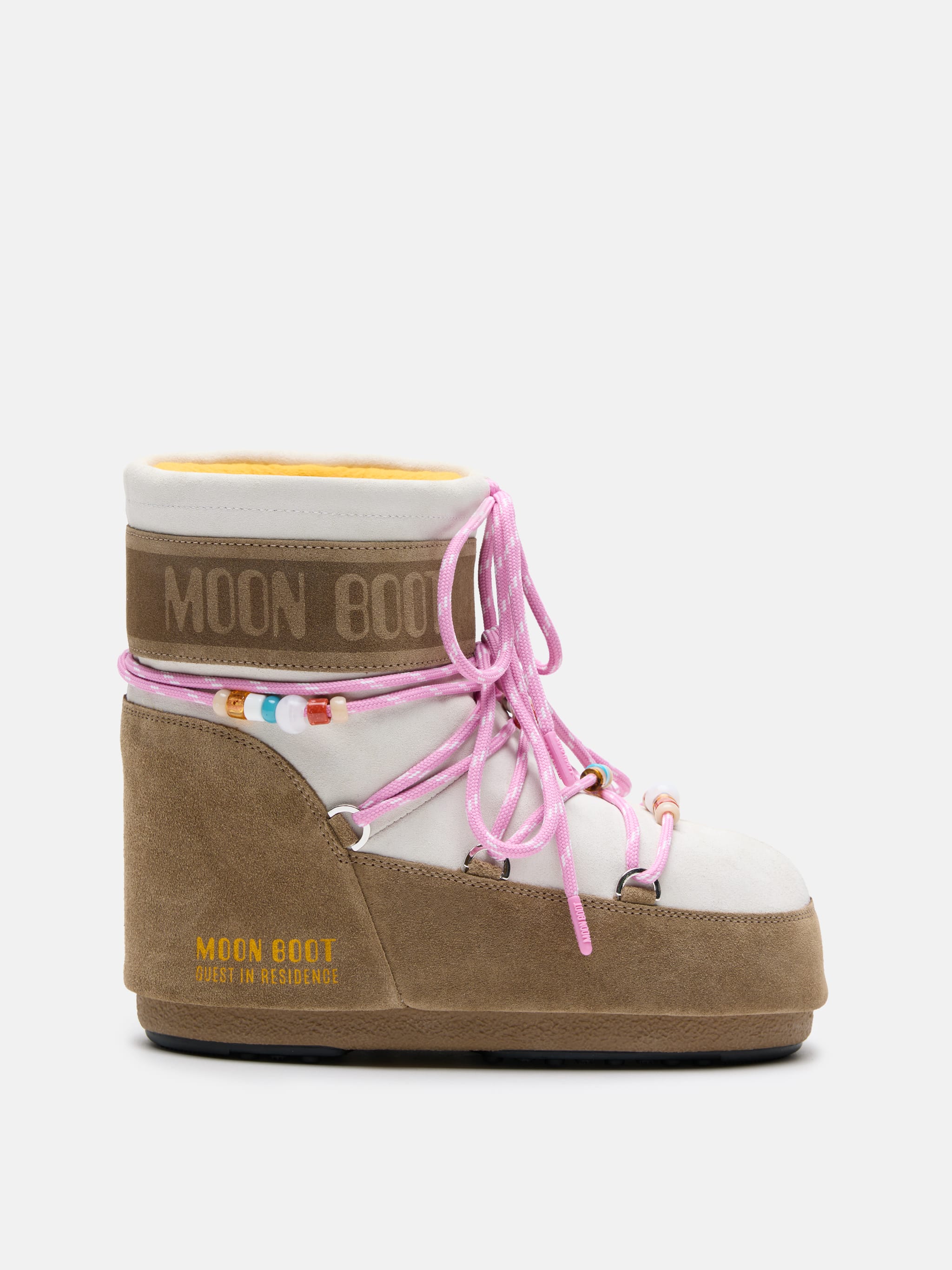 MOON BOOT X GUEST IN RESIDENCE ICON LOW HONEY & WHITE SAND BEADED SUEDE BOOTS