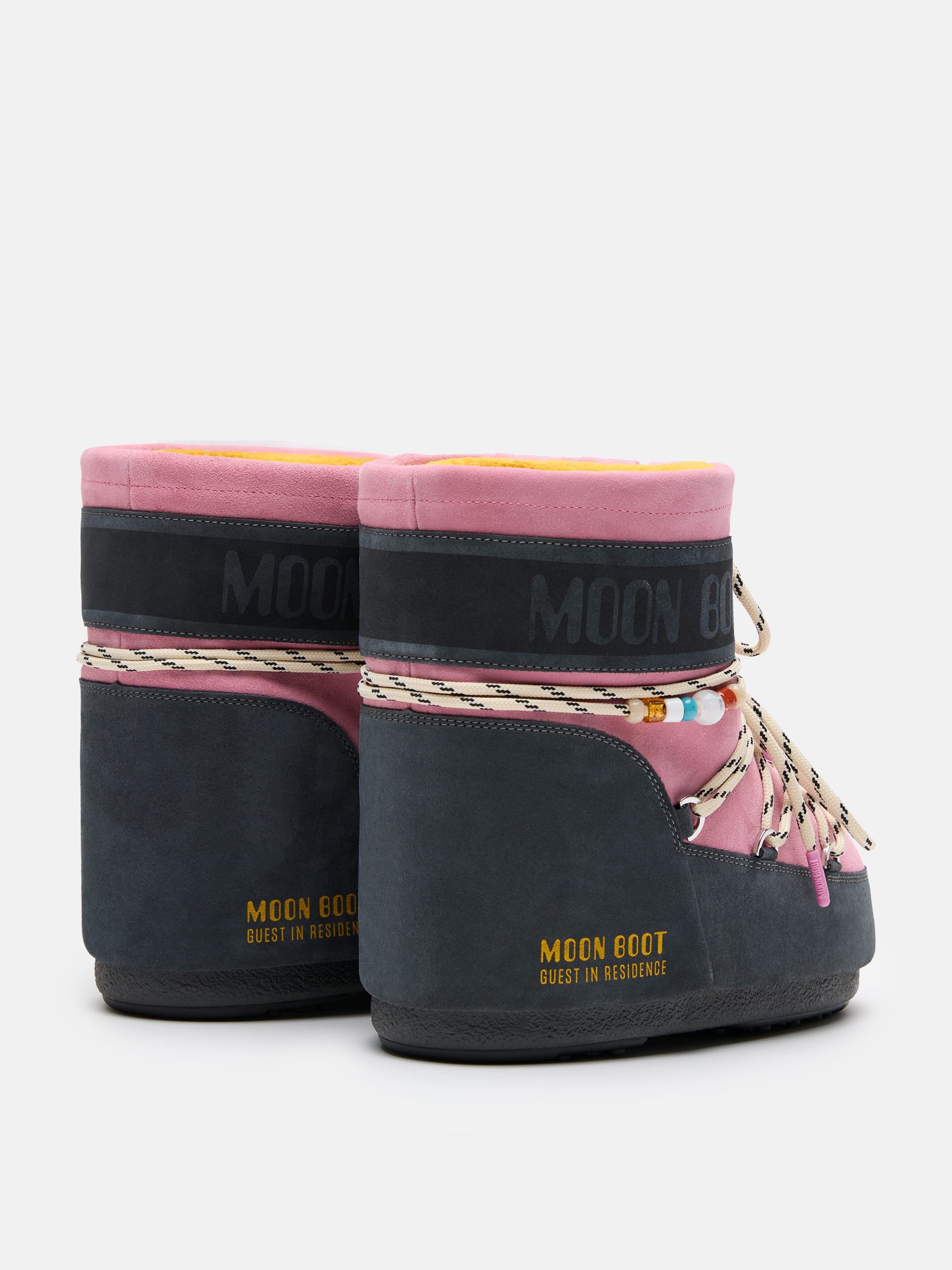 MOON BOOT X GUEST IN RESIDENCE ICON LOW GREY & ROSE BEADED SUEDE BOOTS