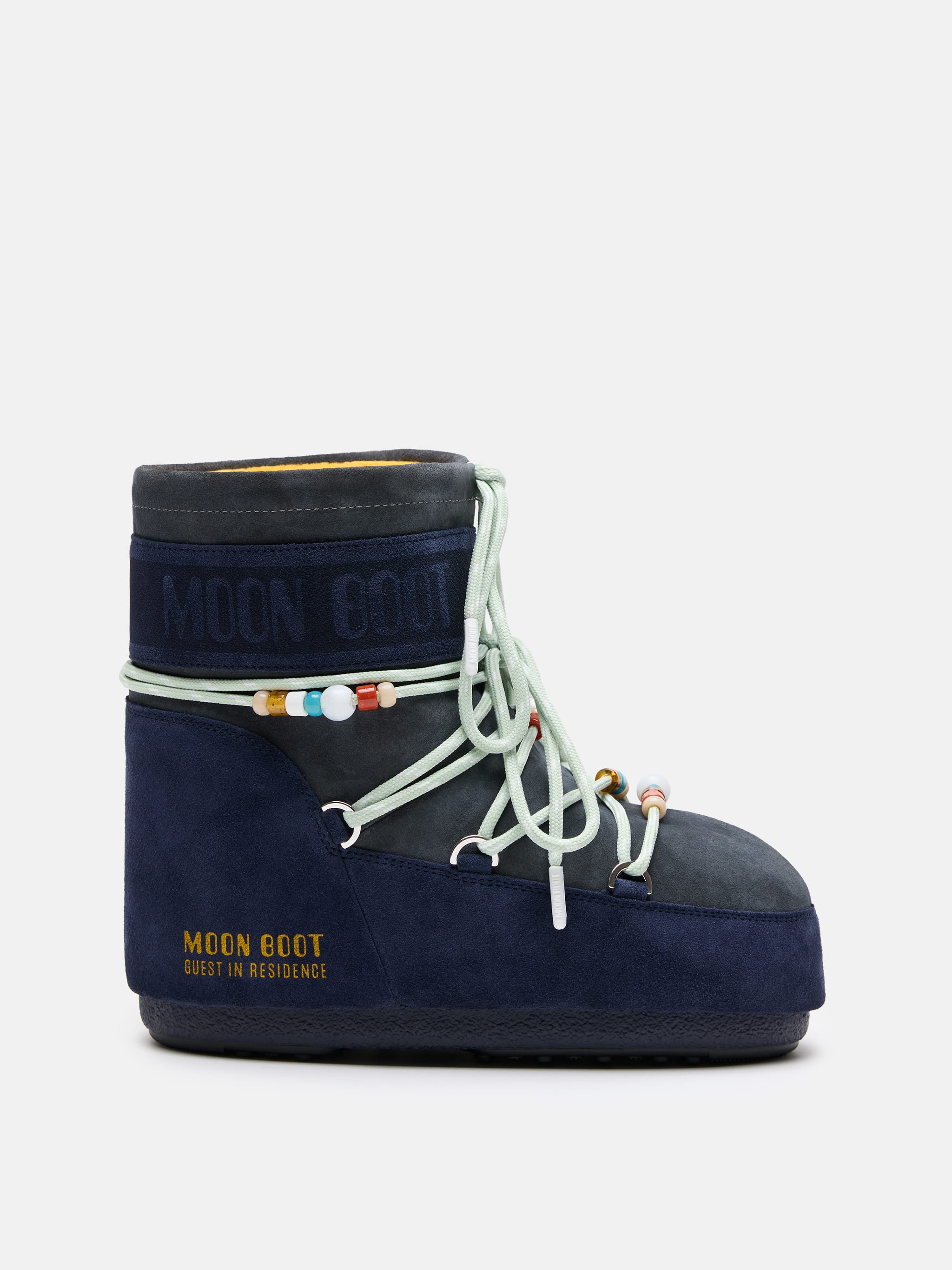 MOON BOOT X GUEST IN RESIDENCE ICON LOW MIDNIGHT & GREY BEADED SUEDE BOOTS image number 0