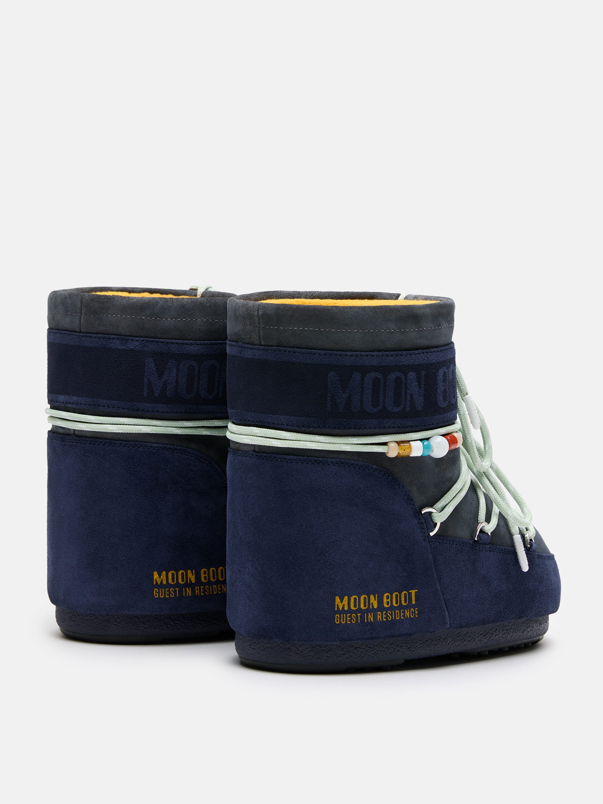 MOON BOOT X GUEST IN RESIDENCE ICON LOW MIDNIGHT & GREY BEADED SUEDE BOOTS